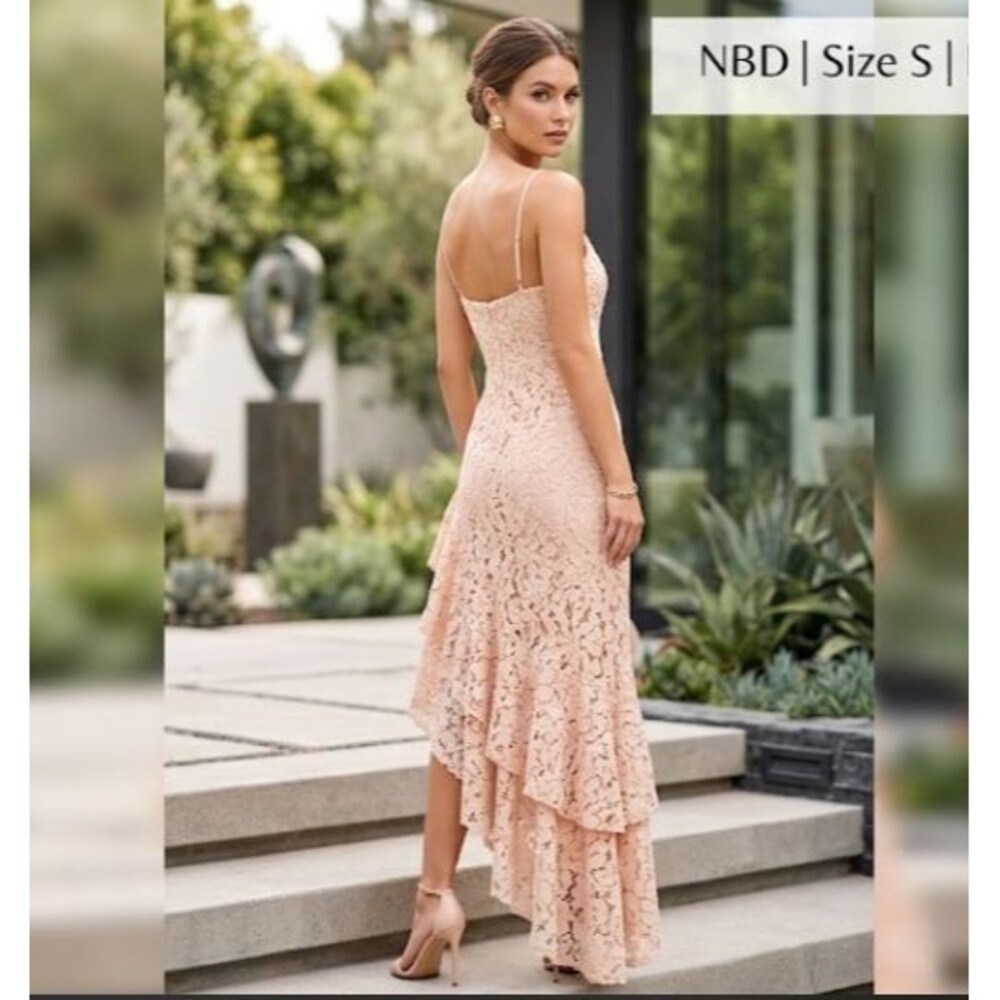 NBD Revolve Blush Beige Floral Lace Ruffle Asymmetric ruffle Dress - Size Small